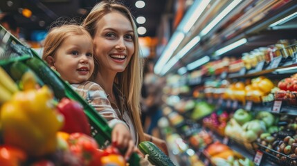 mother and child. children have fun shopping in the supermarket. hypermarket