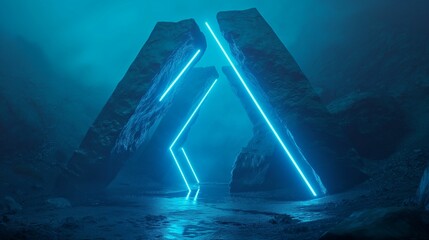 Wall Mural - Ancient stone archway with neon lights in foggy landscape.