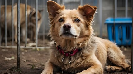 Wall Mural - A stray dog in a cage at an animal shelter. A dejected and ravenous dog, abandoned behind the antiquated and corroded cage of the animal shelter. Dog adoption, pet rescue, and assistance