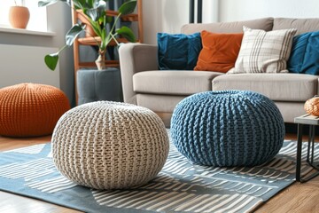 Sticker - Stylish living space featuring colorful knitted poufs, a comfortable sofa and a chic rug