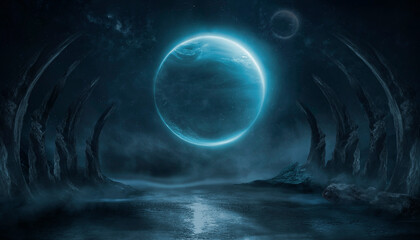Wall Mural - cosmic night landscape with a planet.