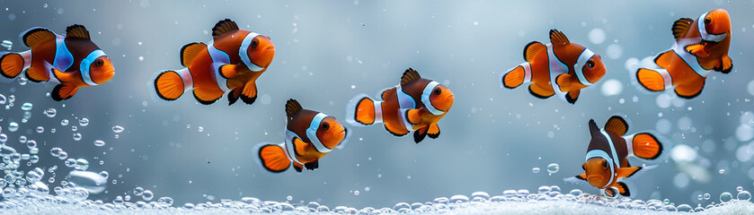 Wall Mural - A vibrant group of clownfish with distinctive orange and white coloring swimming together in the clear waters of an aquarium.