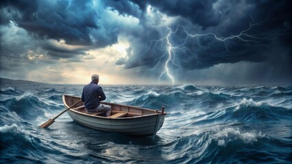 Poster - Lonely mature man in rowboat on stormy ocean 