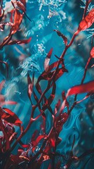 Underwater dreamscape with vibrant red plants