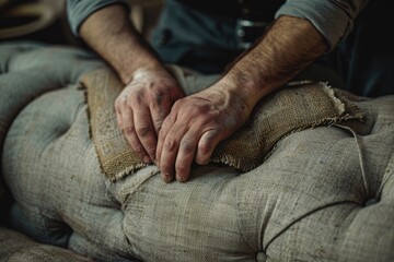 Close-up of hands resting on a couch. Suitable for various lifestyle and relaxation concepts