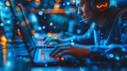 Wall Mural - a man is typing on a laptop with a headset on
