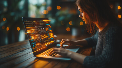 A woman is typing on a laptop with a bright orange screen