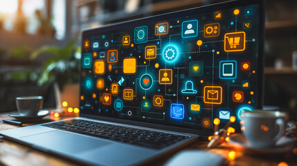 Wall Mural - a laptop screen displays a colorful network of icons, including a heart
