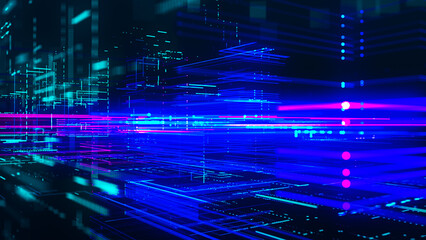 Wall Mural - Abstract digital, technology tunnel. Abstract futuristic sci-fi tunnel with grid of particles and lines. Connection and connections concept. Big data. 3D rendering.