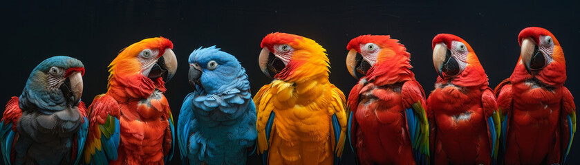 A vibrant gathering of parrots, featuring both red and blue macaws, engaging in social preening.