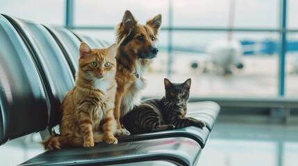 Wall Mural - Group of pets including two cats and a dog sitting on airport seats, looking alert and curious, with an airplane in the blurred background through large windows.