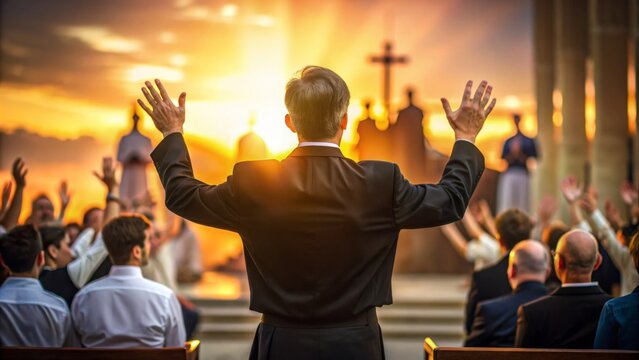 Priest raising hands in worship