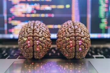 Poster - Two 3d brain models on a laptop keyboard with colorful programming code overlay