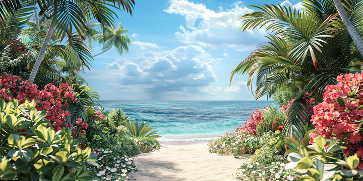 Pathway leading to the ocean with palm trees and flowers