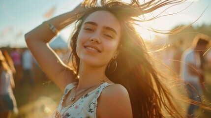 Wall Mural - A captivating shot of a young woman tossing her hair back in euphoria while enjoying a festival with friends