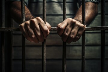 a mans hands are visible gripping the bars of a jail cell. jail and legal punishment concept. genera