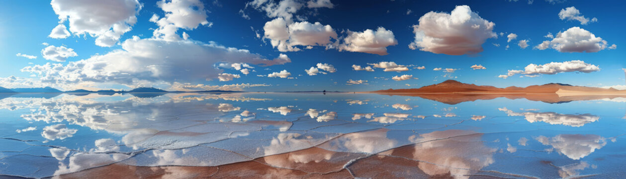 The Uyuni Salt Flats in Bolivia create a perfect mirror reflection of the sky and clouds on the ground, under the bright sun.