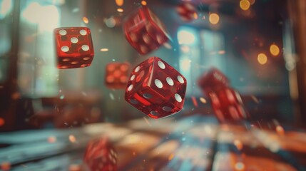Dynamic scene of multiple red dice with white dots, appearing to be in mid-air against a blurred background