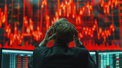 Wall Mural - Stressed Stock Exchange Trader Can't Apprehend a Sudden Stock Market Collapse. Financial Crisis Concept with Stock Broker Saddened by Negative Ticker Information, Red Graphs and Real-Time Data