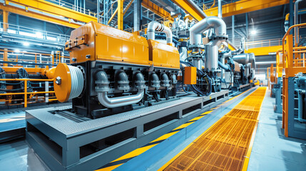 Wall Mural - Modern industrial power plant with advanced machinery, featuring large orange equipment, piping systems, and pristine infrastructure, emphasizing technology and engineering.