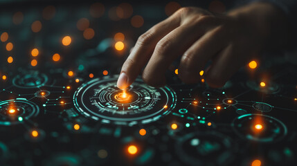 Wall Mural - a hand is pointing at a glowing circle on a computer screen