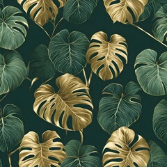 luxury nature green seamless pattern floral pattern golden split leaf philodendron plant