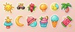 © Seksan - Illustrate a series of stickers featuring various elements of a sunny day, such as sun hats, sunglasses, and ice cream, in a cartoonish style