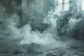 Wall Mural - Creepy fog fills an abandoned, decrepit room with broken windows