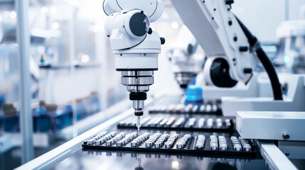 Canvas Print - Close-up of advanced robotic machinery in a laboratory conducting precise operations on small containers, showcasing automation in pharmaceutical manufacturing.