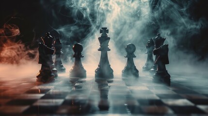 Wall Mural - Chess board game concept of business ideas and competition. Chess figures on a dark background with smoke and fog. Generative AI