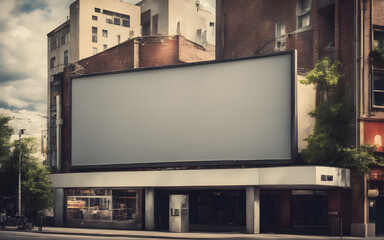 Blank billboard on a city street during the day, natural bright lighting, urban advertising space