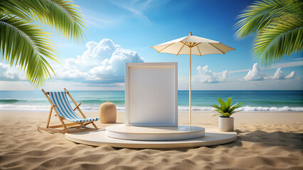 Beach podium summer background sand product 3D sea display platform. Beach podium summer banner stand scene sale sky holiday vacation stage water island sun travel pedestal promotion presentation ad