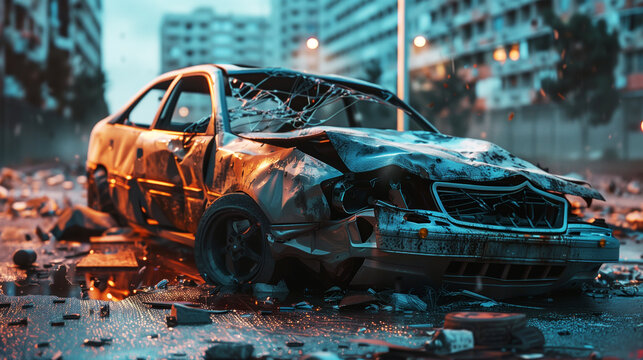 a heavily damaged car in an urban environment surrounded by debris. the scene is gloomy and suggests