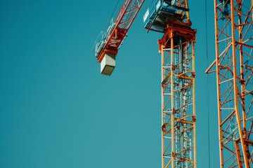 Vibrant orange construction crane towering with a bright blue background