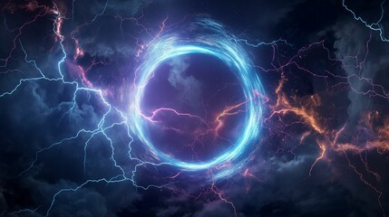 Wall Mural - Abstract circular energy field with blue and orange lightning.