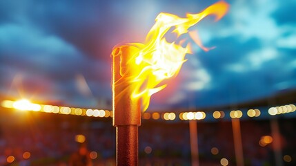 Wall Mural - Torch with bright flame against blurred evening background.