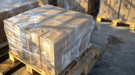 Canvas Print - Close-up view of cardboard boxes wrapped in plastic on a wooden pallet in a warehouse, highlighting logistics and storage.