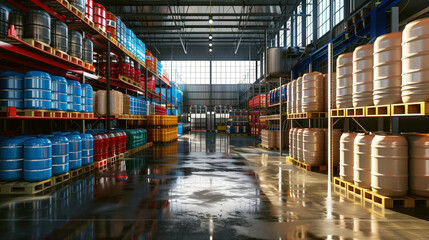 Canvas Print - Interior of an industrial warehouse filled with multicolored storage drums arranged on racks.