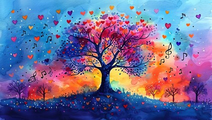 Wall Mural - Abstract watercolor tree with musical notes and hearts, musical theme background design, white background, colorful tree of life