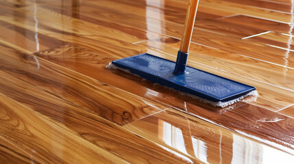 Close-up of a mop cleaning a shiny, polished wooden floor, capturing the texture and reflective quality of the hardwood surface.