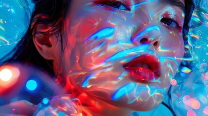 Wall Mural - Vivid neon lights reflecting on young Asian woman's face