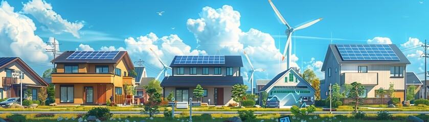 Wall Mural - Renewable Energy and Energy Efficiency Illustrate a vibrant scene of energy flow from renewable sources like solar and wind power into a smart home, focusing on the seamless integration of technology 