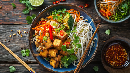Wall Mural - Colorful vegan Pad Thai featuring tofu, fresh vegetables, and noodles, garnished with peanuts and served with a side sauce.
