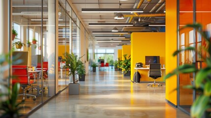 Wall Mural - Bright and Modern Office Space with Orange Partitions, Natural Light and Lush Green Plants, Demonstrating Contemporary Workplace Design