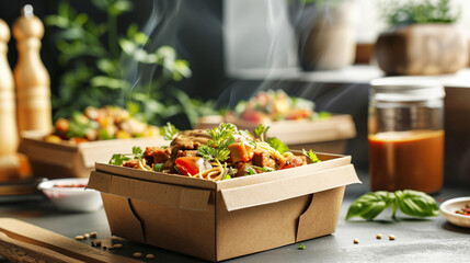 Wall Mural - Steaming takeaway boxes filled with delicious noodles and vegetables, garnished with fresh herbs. The scene is set in a cozy kitchen with various ingredients and utensils.