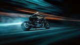 Nighttime adventure motorcycle rider on the road with motion blur under the starry sky