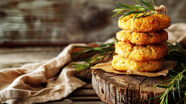 rustic scene featuring a stack of four savory cookies with herbs, garnished with sprigs of rosemary 