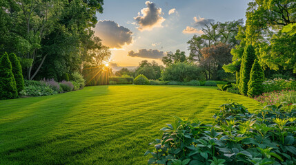 Poster - The sun is low on the horizon, casting a warm, golden light over a vibrant green lawn. The grass is thick and healthy, swaying gently in the evening breeze