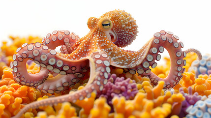 3D Flat Cartoon: Octopus Camouflaged on Coral Reef   A Fascinating Close Up Demonstrating Nature s Art of Blending In. Perfect for Underwater and Marine Life Themes!