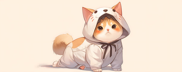Wall Mural - Cute cats wearing anime onesie dog costume background.
